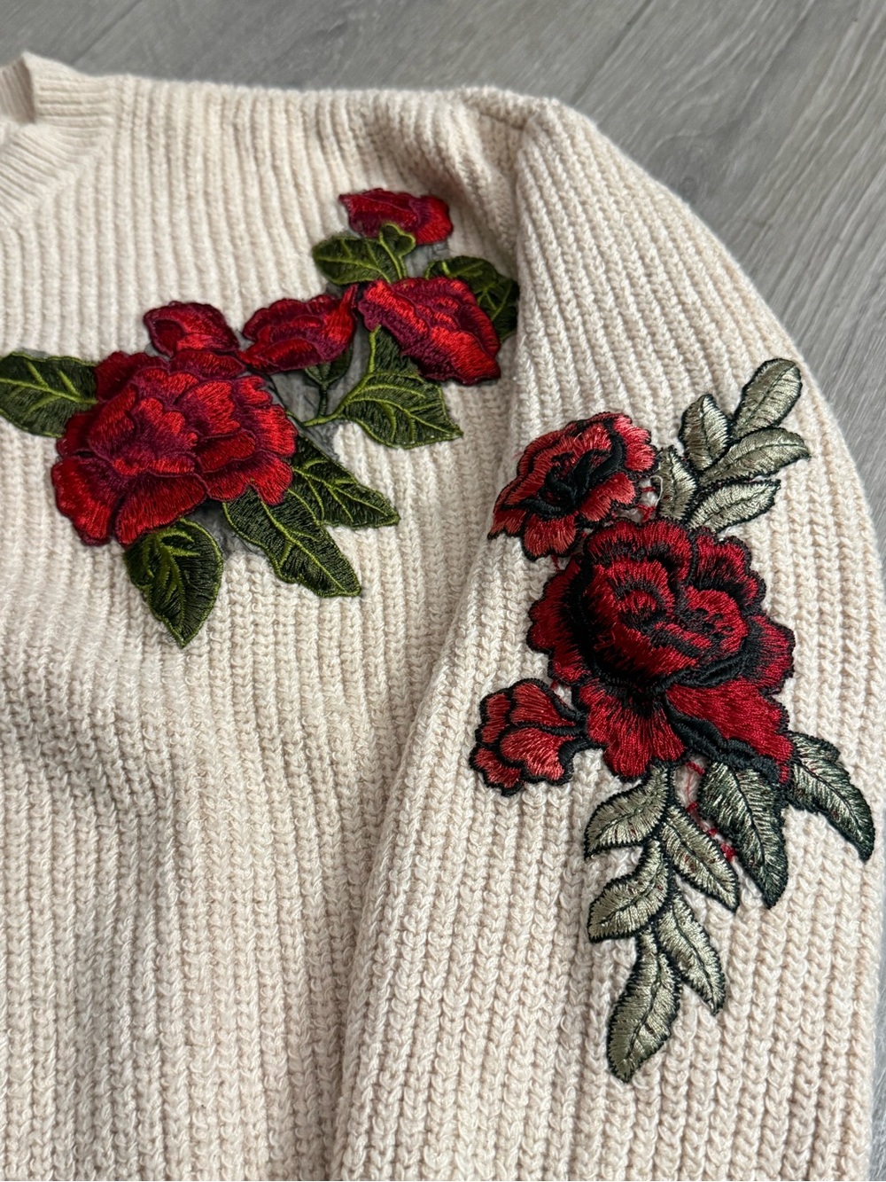 Woven Heart Cream Crewneck Sweater with Red Rose Embroidery - Picture 3 of 7